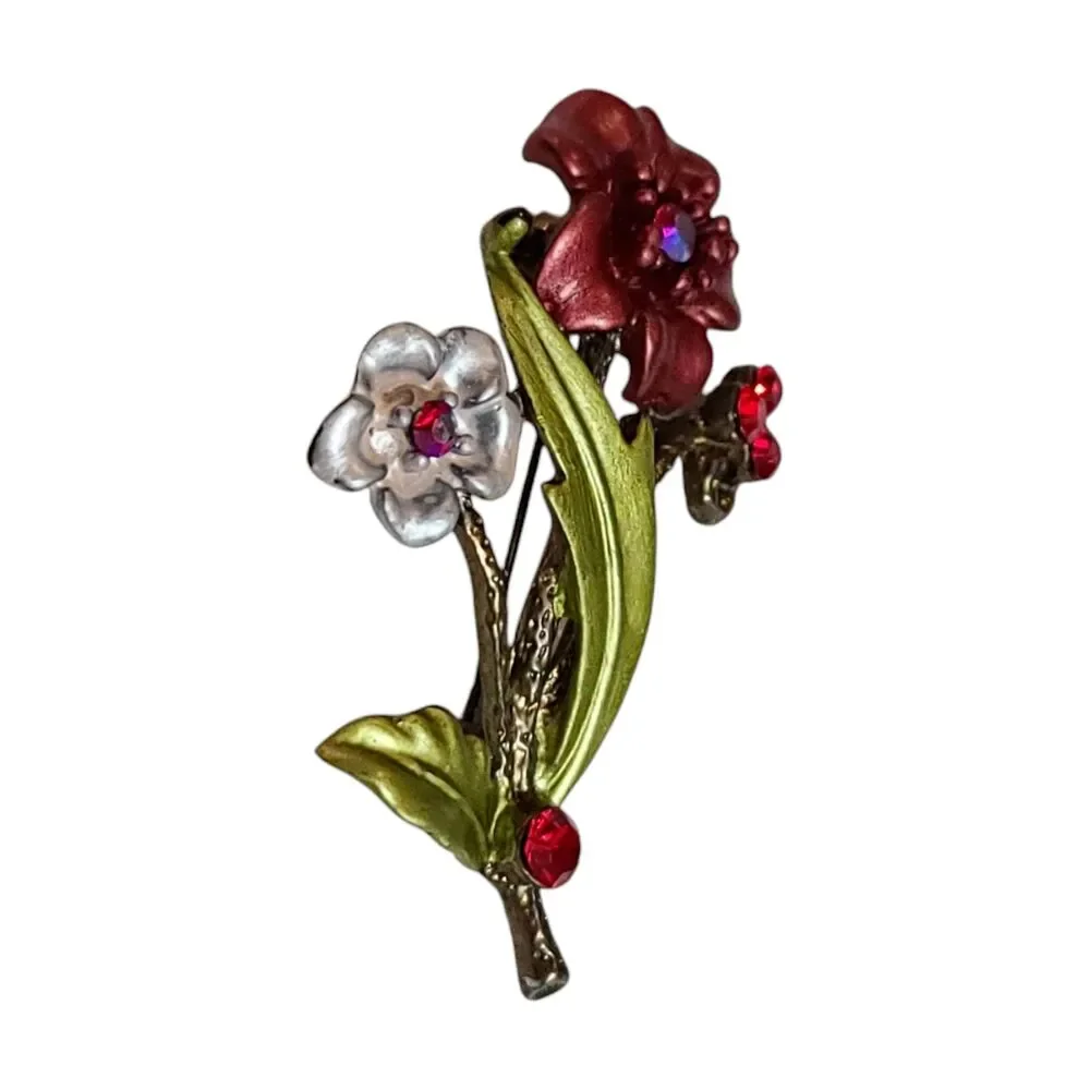 Vintage Metal Enamel AB Rhinestones Flower Bouquet Brooch Pin Spring